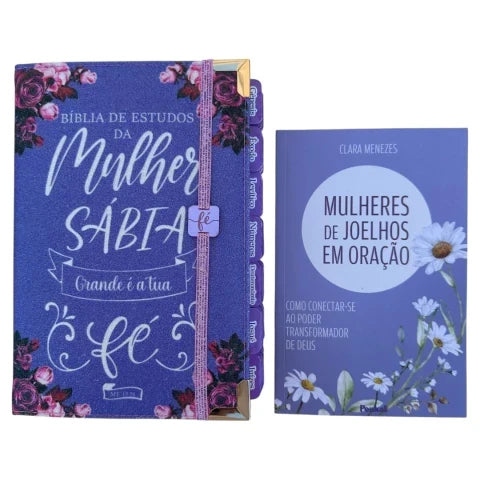 Capa do livro Bíblia da Mulher Sábia de Estudos 100% Glitter Lilás com Abas adesivas + Brinde livro mulheres de joelho