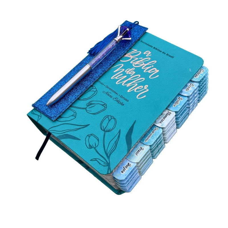 Capa do livro Bíblia de Estudo da Mulher Naa Tulipa Azul Turquesa SBB Com Abas Adesivas