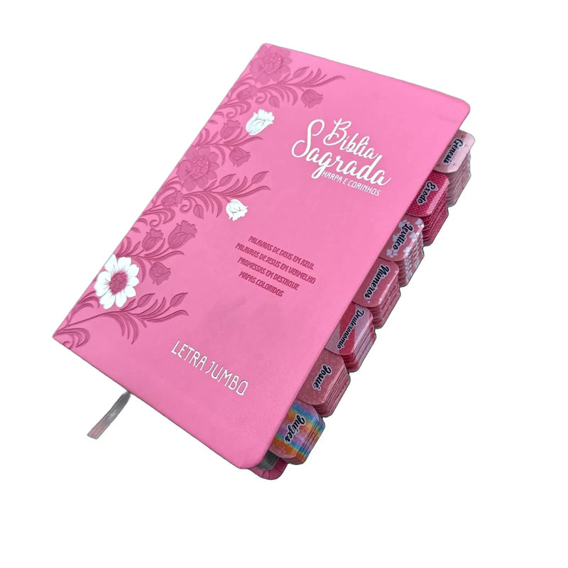 Capa do livro Bíblia Jumbo Floral Rosa Full Color com abas Colocadas ARC