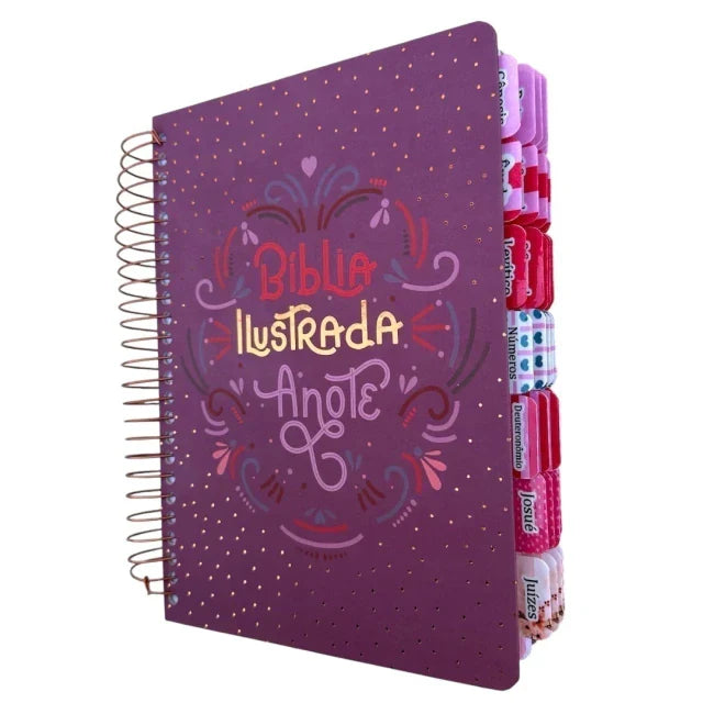 Capa do livro Bíblia Ilustrada Anote rosa brilhante com abas adesivas coladas