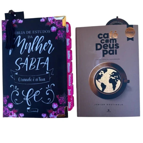 Capa do livro Kit Bíblia da Mulher Sábia de Estudos Preta Fé com abas e Harpa + marca página + cafe com Deus Pai 2025