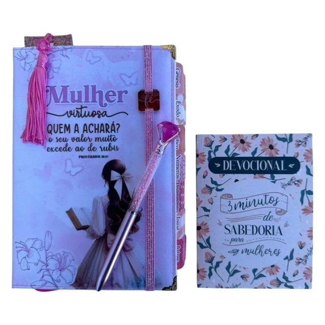 Capa do livro Kit Bíblia Mulher Virtuosa com Abas adesivas capa dura ARC + devocional + caneta + marca páginas