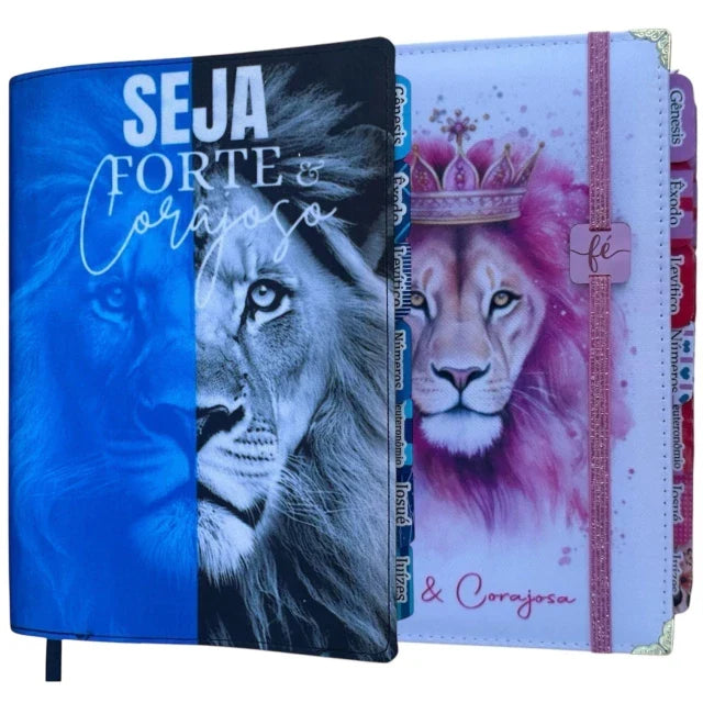 Capa do livro Kit Casal Cristão Leão azul + Leão forte e corajosa com elastico Abas adesivas e Harpa