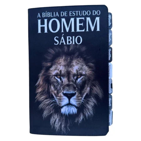 Capa do livro Bíblia de Estudos do Homem Sábio Leão Perfil com Abas adesivas